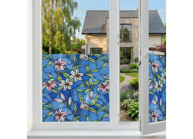 Isolierende und sonnenbeständige statische Fensterfolie HR++ - Blendschutz - Buntglas-Orchidee