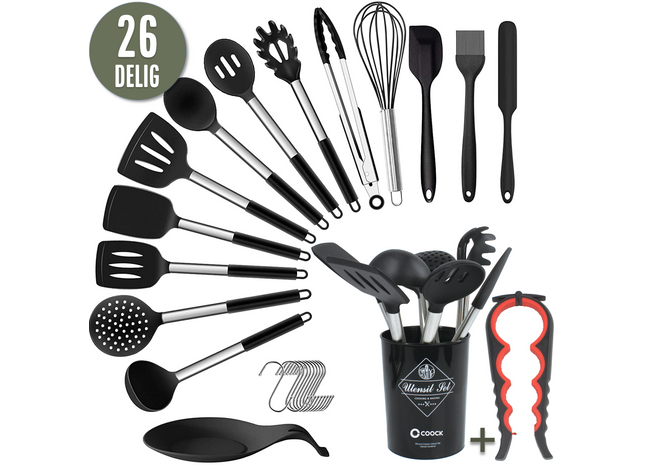 26-teiliges XL-Küchenutensilien-Set mit Halter – Schwarz