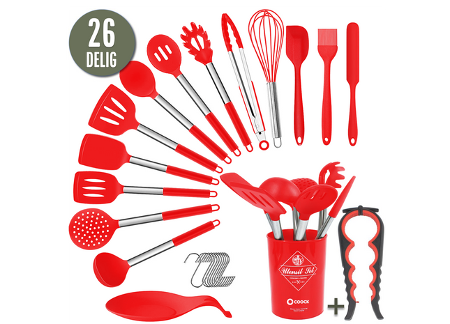 26-teiliges XL-Küchenutensilien-Set mit Halter – Rot