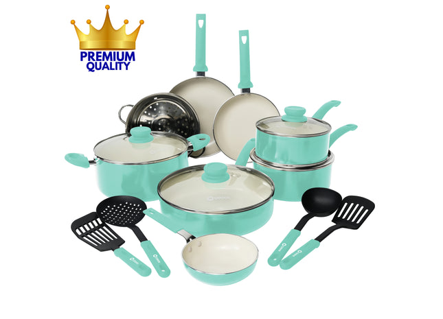 COOCK – 19-teiliges Pfannenset – Türkis/Weiß