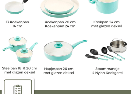 COOCK – 19-teiliges Pfannenset – Türkis/Weiß