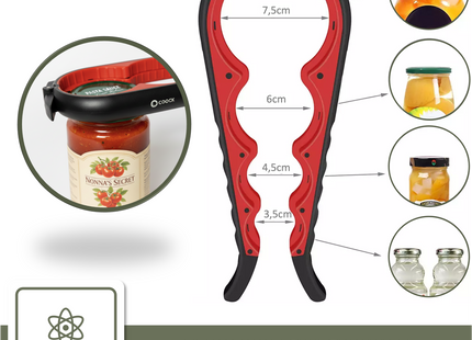 Allzwecköffner – Multifunktionsöffner – 7-in-1-Glasöffner – Küchenhelfer – Flaschenöffner – XL-Hilfe für Senioren – Schwarz/Rot