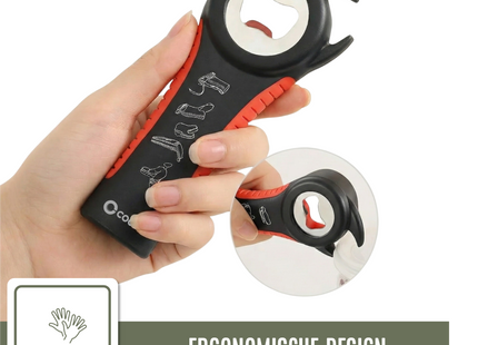 Allzwecköffner – Multifunktionsöffner – 7-in-1-Glasöffner – Küchenhelfer – Flaschenöffner – XL-Hilfe für Senioren – Schwarz/Rot