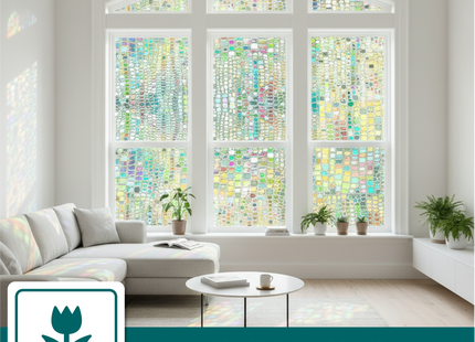 Isolierende und sonnenbeständige statische Fensterfolie HR++ – Blendschutz – Schimmernder Regenbogeneffekt 