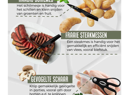 Stilvolles Messerset mit Messerblock und kostenlosem Schneidebrett – Edelstahl/Schwarz