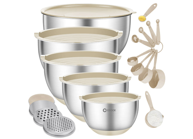 16-teiliges Rührschüssel-Set mit Reibe und Aufbewahrungsdeckeln – Beige