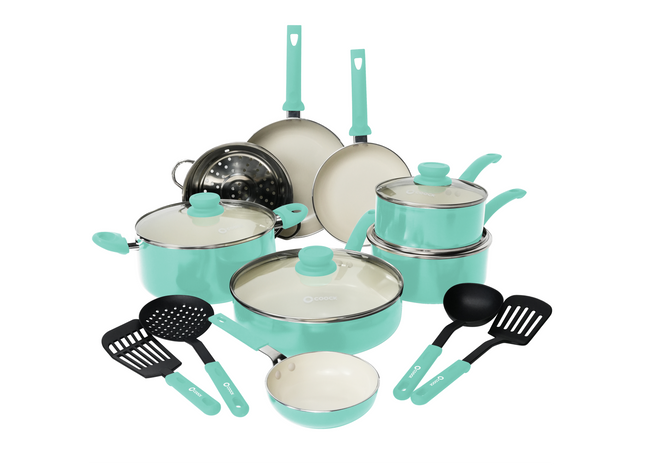 COOCK – 19-teiliges Pfannenset – Türkis/Weiß