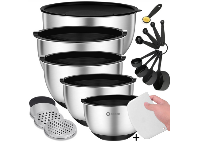 16-Piece Mixing Bowl Set with Grater and Storage Lids - Black