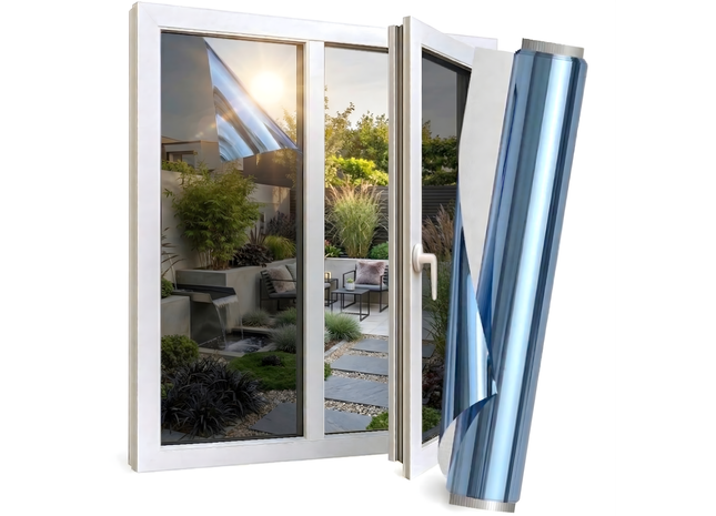 Isolierende und sonnenbeständige HR+ Fensterfolie mit Spiegeleffekt – Blau