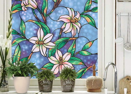 Isolierende und sonnenbeständige statische Fensterfolie HR++ - Blendschutz - Buntglas-Orchidee 