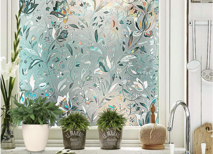 Isolierende und sonnenbeständige statische Fensterfolie HR++ – Blendschutz – Blumen-Regenbogen-Effekt 