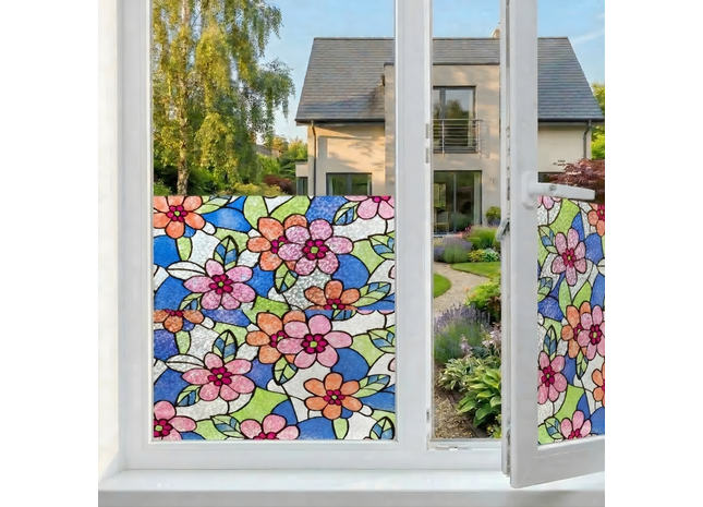 Isolierende und sonnenbeständige statische Fensterfolie HR++ – Blendschutz – Blumenmuster 