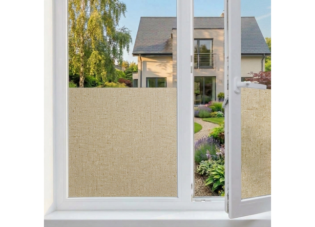 Isolierende und sonnenbeständige statische Fensterfolie HR++ – Blendschutz – Leinenoptik – Kaffee 