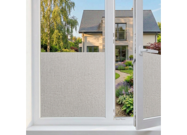 Isolierende und sonnenbeständige statische Fensterfolie HR++ – Blendschutz – Leinenoptik – Grau 