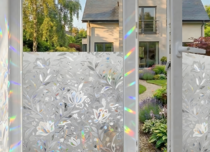 Isolierende und sonnenbeständige statische Fensterfolie HR++ – Blendschutz – Blumen-Regenbogen-Effekt 