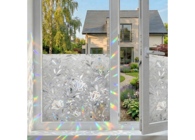 Isolierende und sonnenbeständige statische Fensterfolie HR++ – Blendschutz – Blumen-Regenbogen-Effekt 