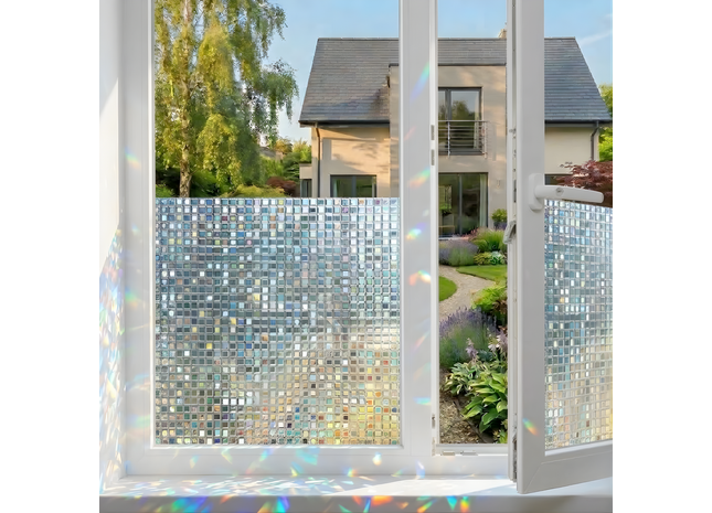 Isolierende und sonnenbeständige statische Fensterfolie HR++ – Blendschutz – Mosaik-Regenbogeneffekt – 60 x 200 cm 