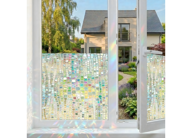 Isolierende und sonnenbeständige statische Fensterfolie HR++ – Blendschutz – Schimmernder Regenbogeneffekt 