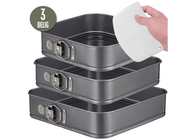 3-teiliges Springform-Set, quadratisch mit Antihaftbeschichtung – 24 bis 28 cm Durchmesser – Kuchenform inkl. Teigschaber und E-Book