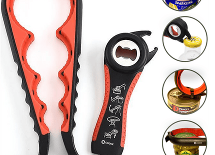 Allzwecköffner – Multifunktionsöffner – 7-in-1-Glasöffner – Küchenhelfer – Flaschenöffner – XL-Hilfe für Senioren – Schwarz/Rot