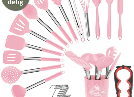 26-teiliges XL-Küchenutensilien-Set mit Halter – Rosa
