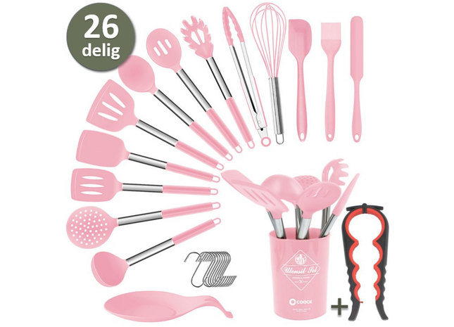 26-teiliges XL-Küchenutensilien-Set mit Halter – Rosa
