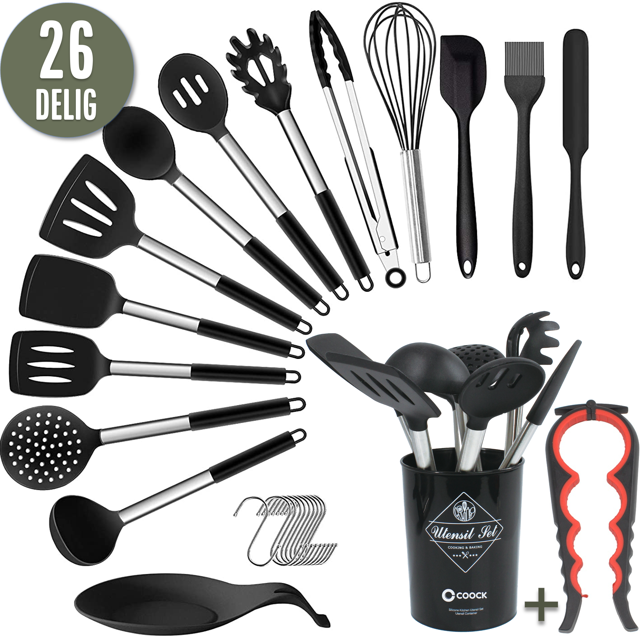26-teiliges XL-Küchenutensilien-Set mit Halter – Schwarz – Homewell Products