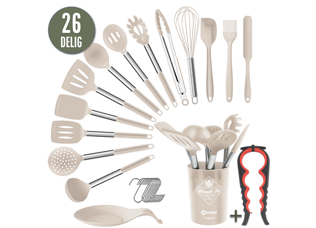 26-teiliges XL-Küchenutensilien-Set mit Halter – Beige