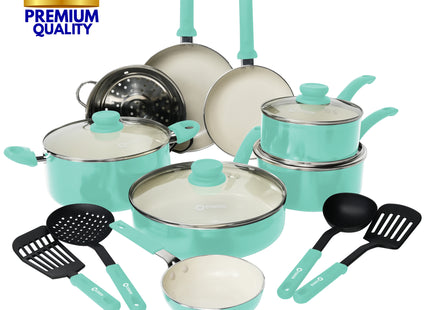 COOCK – 19-teiliges Pfannenset – Türkis/Weiß