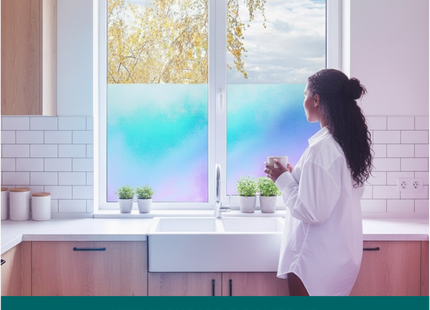Isolierende und sonnenbeständige statische Fensterfolie HR++ mit Blendschutz – Mattglas mit holografischem Blaseneffekt 