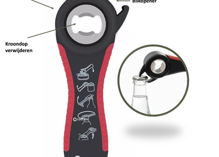 Allzwecköffner – Multifunktionsöffner – 7-in-1-Glasöffner – Küchenhelfer – Flaschenöffner – XL-Hilfe für Senioren – Schwarz/Rot