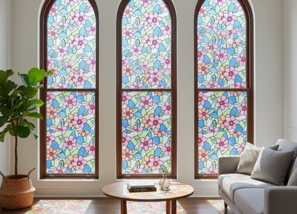Isolierende und sonnenbeständige statische Fensterfolie HR++ – Blendschutz – Blumenmuster 