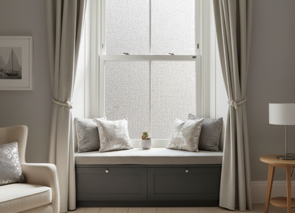 Isolierende und sonnenbeständige statische Fensterfolie HR++ – Blendschutz – Leinenoptik – Grau 