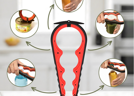 Allzwecköffner – Multifunktionsöffner – 7-in-1-Glasöffner – Küchenhelfer – Flaschenöffner – XL-Hilfe für Senioren – Schwarz/Rot