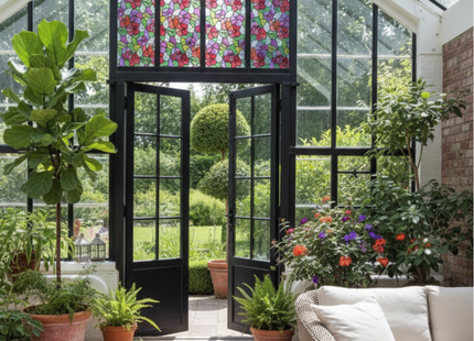 Isolierende und sonnenbeständige statische Fensterfolie HR++ – Blendschutz – Blumenmuster 
