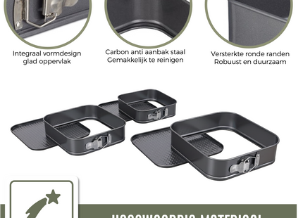 3-teiliges Springform-Set, quadratisch mit Antihaftbeschichtung – 24 bis 28 cm Durchmesser – Kuchenform inkl. Teigschaber und E-Book