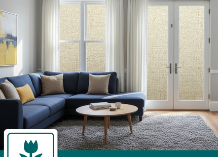 Isolierende und sonnenbeständige statische Fensterfolie HR++ – Blendschutz – Leinenoptik – Kaffee 