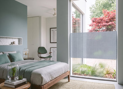 Isolierende und sonnenbeständige statische Fensterfolie HR++ – Blendschutz – Leinenoptik – Grau 