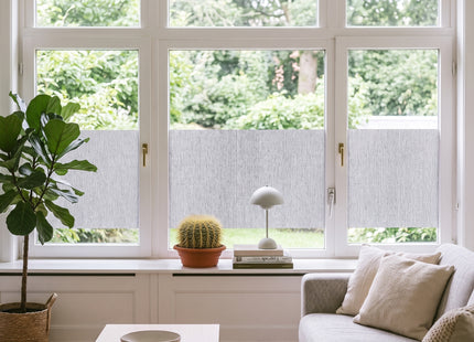 Isolierende und sonnenbeständige statische Fensterfolie HR++ – Blendschutz – Leinenoptik – Grau 