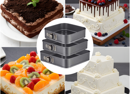 3-teiliges Springform-Set, quadratisch mit Antihaftbeschichtung – 24 bis 28 cm Durchmesser – Kuchenform inkl. Teigschaber und E-Book